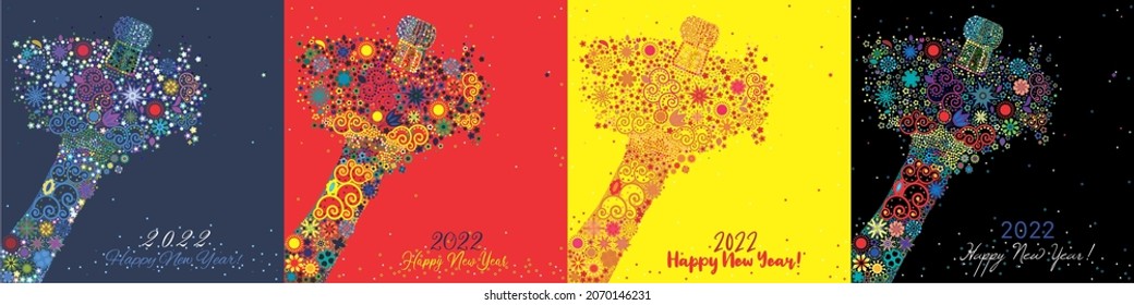 An abstract vector illustration of flowers popping from a champagne bottle with a fizz of floral splash for the New Year 2022 on a white background