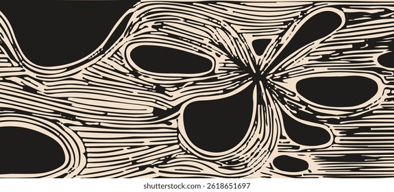 Abstract vector illustration with flowing beige lines and organic black shapes, creating a dynamic, fluid pattern resembling wood grain or psychedelic art.
