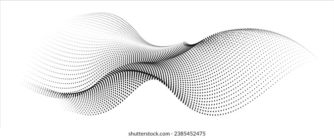 An abstract vector illustration, Flowing dots particles wave pattern 3D curve halftone black gradient curve shape isolated on a white background for science and technology, sound, and music.