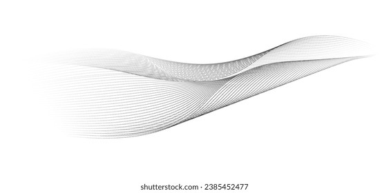 An abstract vector illustration, Flowing dots particles wave pattern 3D curve halftone black gradient curve shape isolated on a white background for science and technology, sound, and music.