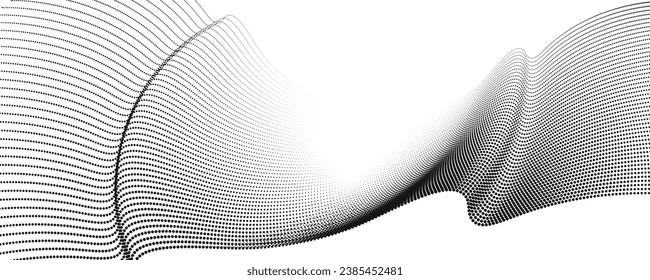 An abstract vector illustration, Flowing dots particles wave pattern 3D curve halftone black gradient curve shape isolated on a white background for science and technology, sound, and music.
