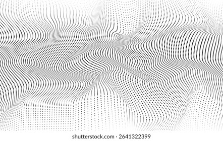 An abstract vector illustration, flowing dots particles wave pattern halftone black gradient curve shape. Conceptual illustration for technology, sound, music, and modern aesthetics.