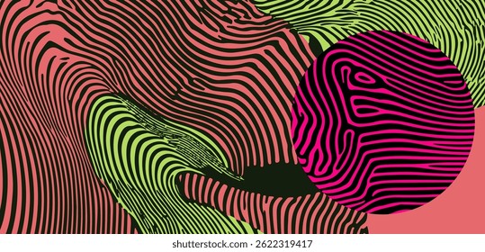 Abstract vector illustration with flowing green and pink wavy lines on a black background, creating a vibrant, energetic, and dynamic sense of movement and optical illusion.
