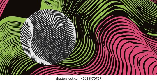Abstract vector illustration with flowing green and pink wavy lines on a black background, creating a vibrant, energetic, and dynamic sense of movement and optical illusion.

