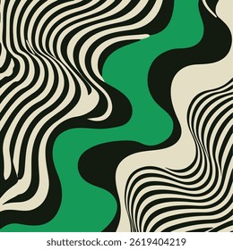 Ilustración vectorial Abstractas con líneas onduladas fluidas, colores verde, negro y crema, creando una ilusión óptica y un efecto de movimiento dinámico en un estilo moderno de arte operativo.