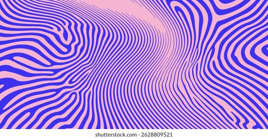 Abstract vector illustration with flowing wavy blue lines on a pink background, creating a dynamic and modern optical effect, ideal for digital design or contemporary art.