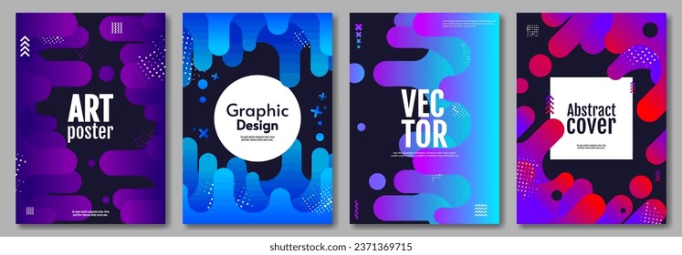 Abstract vector illustration. Fluid dynamic shapes. Gradient colorful shapes with dark backdrop. Future design. Set of posters. Design for invitation, cover, poster, banner.