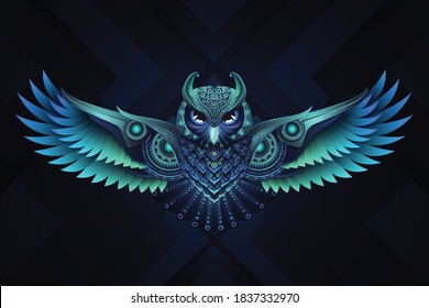 Abstract vector illustration of flying Owl in psychedelic machine style. 