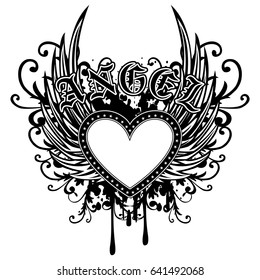 Abstract vector illustration frame black and white heart with stars on wing. Inscription angel in the Gothic style. Design for tattoo or print t-shirt .