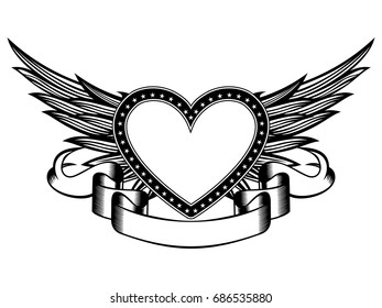 Abstract vector illustration frame heart with wings and banner. Design for tattoo or print t-shirt.
