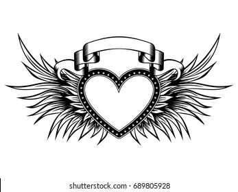 Abstract vector illustration frame heart with wings and banner. Design for tattoo or print t-shirt.