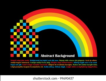 abstract vector illustration with funny checkered house and rainbow with place for your text isolated on black background