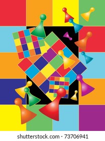 abstract vector illustration of  gaming checkered boards and pieces in bright rainbow colors in eps 10 format