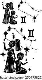 Abstract vector illustration of Gemini Zodiac constellation. Contemporary art. Character, stars constellation and symbols.