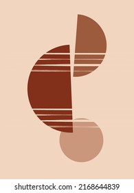 Abstract vector illustration with geometric shapes in neutral beige and brown colors. Mid-century minimalist design with semicircles perfect for print, card, poster 