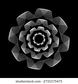 Abstract vector illustration of a geometric white rose or flower with flowing lines. Black background. Elegant line art suitable for backgdrop, posters, branding, covers and contemporary art projects.