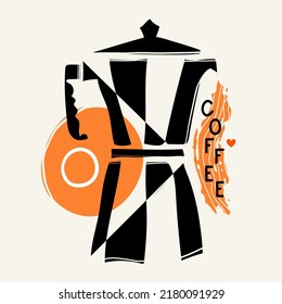 Resumen de ilustraciones vectoriales con cafetera geyser y letra Coffee. Afiche de tipografía monocromática de moda, diseño de impresión de prendas de vestir, afiche de decoración de paredes de cafés