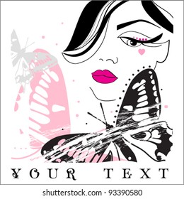 abstract vector illustration with girl head and butterflies