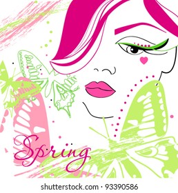 abstract vector illustration with girl head and butterflies