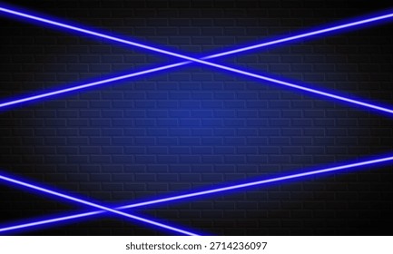 Abstract vector illustration of glowing blue neon laser lines crossing on dark brick wall background, futuristic light beams design for technology themes, nightlife visuals and modern digital art