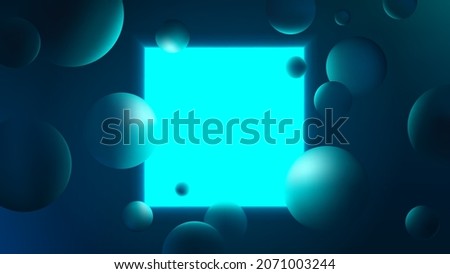 Abstract vector illustration with glowing blue square on dark background, neon lighting with reflex on spheres, futuristic gradient poster with geometric shapes
