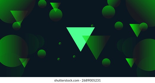 Ilustración vectorial Abstractas con triángulo verde brillante sobre fondo oscuro, luz de neón con reflejo en esferas, cartel de gradiente futurista con Formas geométricas