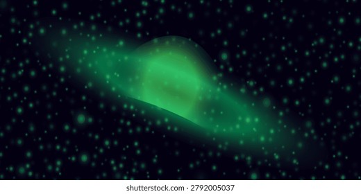An abstract vector illustration of a glowing green galaxy or planet with ring elements, surrounded by numerous shining stars, cosmic dust, and bokeh lights on a dark background.