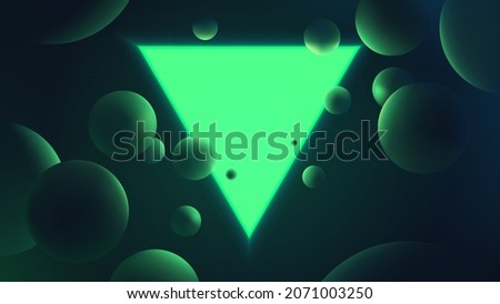 Abstract vector illustration with glowing green triangle on dark background, neon lighting with reflex on spheres, futuristic gradient poster with geometric shapes