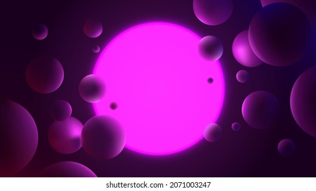 Abstract vector illustration with glowing purple circle on dark background, neon lighting with reflex on spheres, futuristic gradient poster with geometric shapes