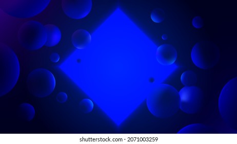 Abstract vector illustration with glowing ultramarine square on dark background, neon lighting with reflex on spheres, futuristic gradient poster with geometric shapes