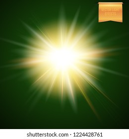 Abstract vector illustration of glowing warm yellow sun, star burst on dark background. With light effects of flare and radiant light beams.