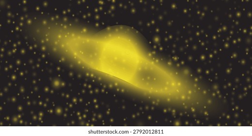 An abstract vector illustration of a glowing yellow or gold galaxy with prominent ring shapes, surrounded by numerous shining stars, cosmic dust, and bright bokeh light effects on a dark background.