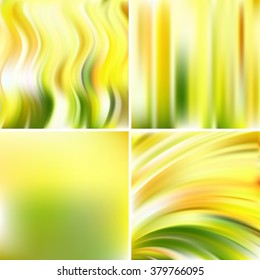 Abstract vector illustration of green background with blurred light lines. Set of four square backgrounds. Curved lines.