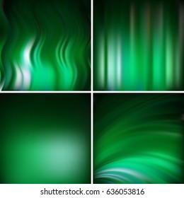 Abstract vector illustration of green background with blurred light lines. Set of four square backgrounds. Curved lines.
