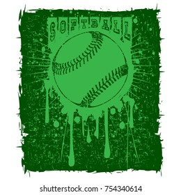 Abstract vector illustration green baseball ball on grunge background. Inscription softball. Design for tattoo or print t-shirt.