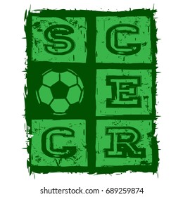 Abstract vector illustration green inscription soccer with football ball. Design for print on fabric or t-shirt.