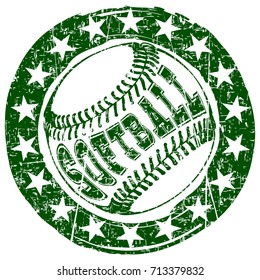 Abstract vector illustration green scratched baseball ball on grunge background. Inscription softball. Design for tattoo or print t-shirt.