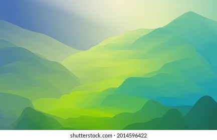 Abstract vector illustration of green valley in the light of morning sun. Spring or summer mountain landscape. Contemporary impressionism artwork. Colorful background for cover, banner, booklet.