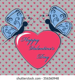 Abstract vector illustration. Greeting Card for Valentine's Day. Butterflies, heart