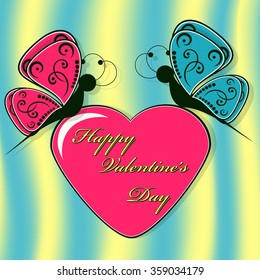 Abstract vector illustration. Greeting Card for Valentine's Day. Butterflies, heart
