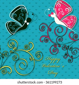 Abstract vector illustration. Greeting Card for Valentine's Day. Butterflies, heart