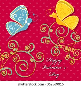 Abstract vector illustration. Greeting Card for Valentine's Day. Butterflies, heart