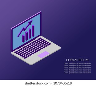 Abstract vector illustration of growth chart with laptop. Business success diagram, growing up 3d isometric design. Business data visualization concept.