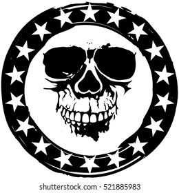 Abstract vector illustration grunge round stamp with stars and a scary skull.