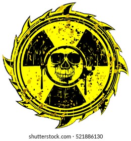 Abstract vector illustration grunge yellow symbol skull with radiation sing
