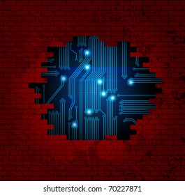 Abstract vector illustration, with grungy brick wall and circuit pattern. Eps10