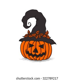 Abstract vector illustration of a halloween pumpkin head in a hat with dry leaves