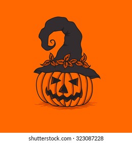 Abstract vector illustration of a halloween pumpkin head in a hat with dry leaves