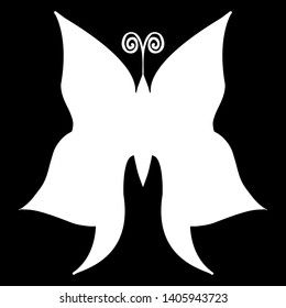 Abstract vector illustration of hand drawn butterfly silhouette isolated on black background. Ink drawing, graphic style.