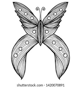 Abstract vector illustration of hand drawn butterfly isolated on white background. Ink drawing, graphic style. Outline butterfly.